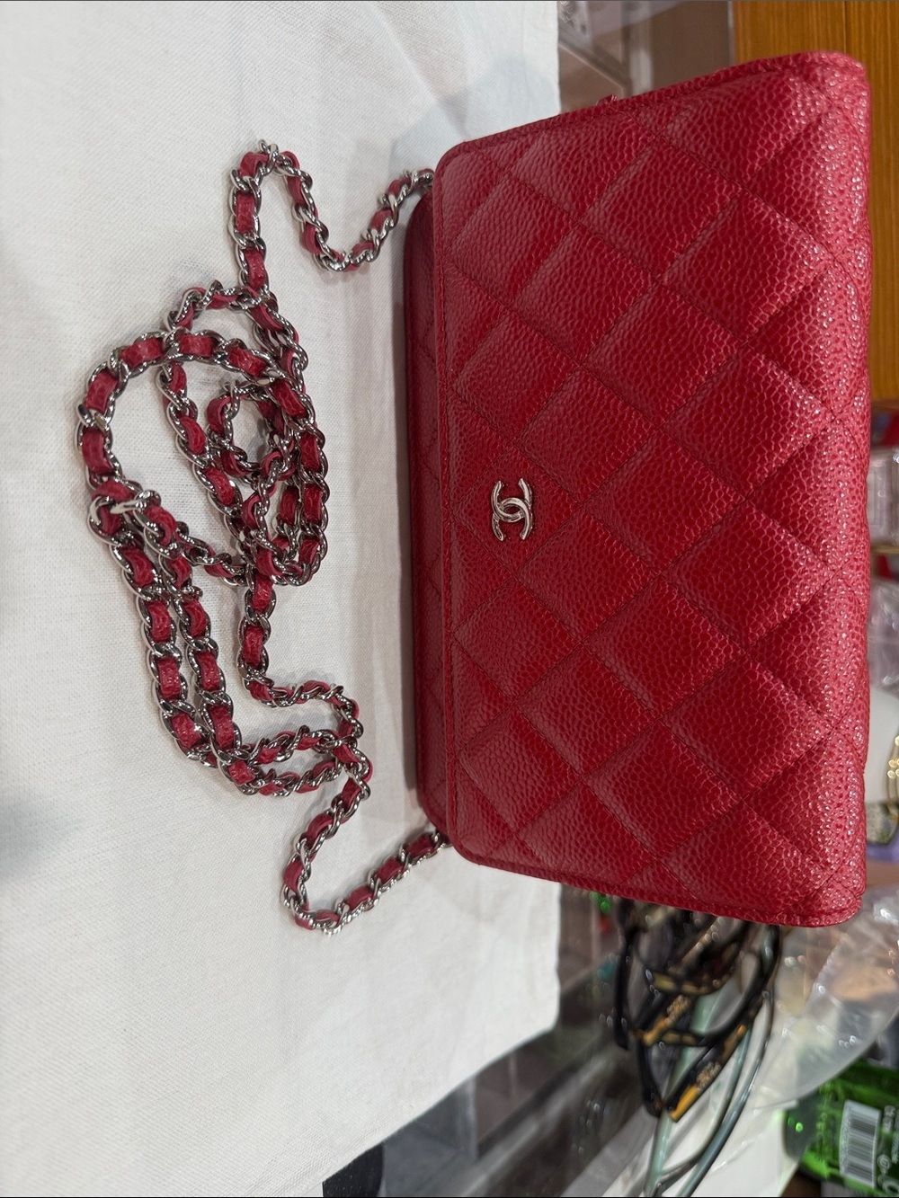 CHANEL Red Quilted Leather Crossbody Wallet-on-Chain